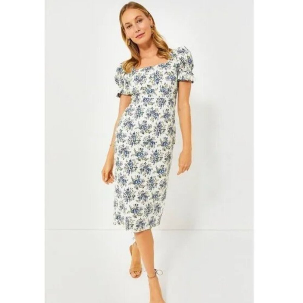 Hyacinth House by Tuckernuck Ivory Floral Esther Puff Sleeve Midi Dress size XS
